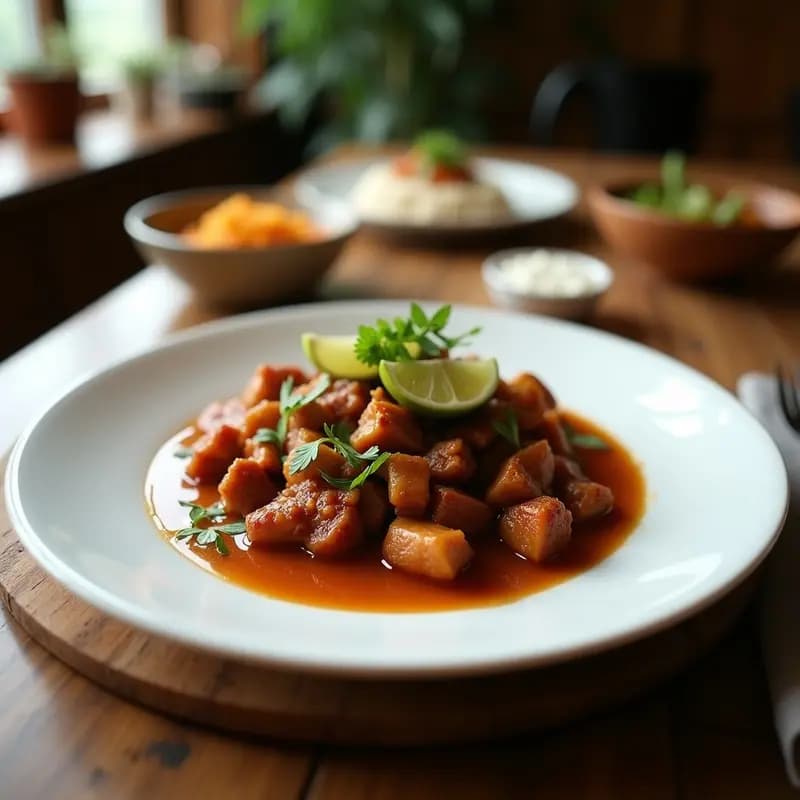 Plato hondo de barro con adobo filipino vegano: trozos dorados de seitán bañados en una salsa cremosa de coco y limón, decorado con cilantro fresco y rodajas de limón, servido junto a arroz blanco. Receta de olla exprés.