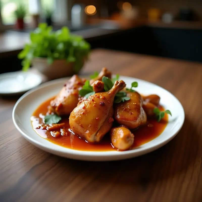 Plato hondo de barro con Adobong Manok Filipino: muslos de pollo glaseados en salsa oscura y brillante, con trozos de cebolla morada y ajo, decorado con cilantro fresco. Receta tradicional filipina ácida y sabrosa.