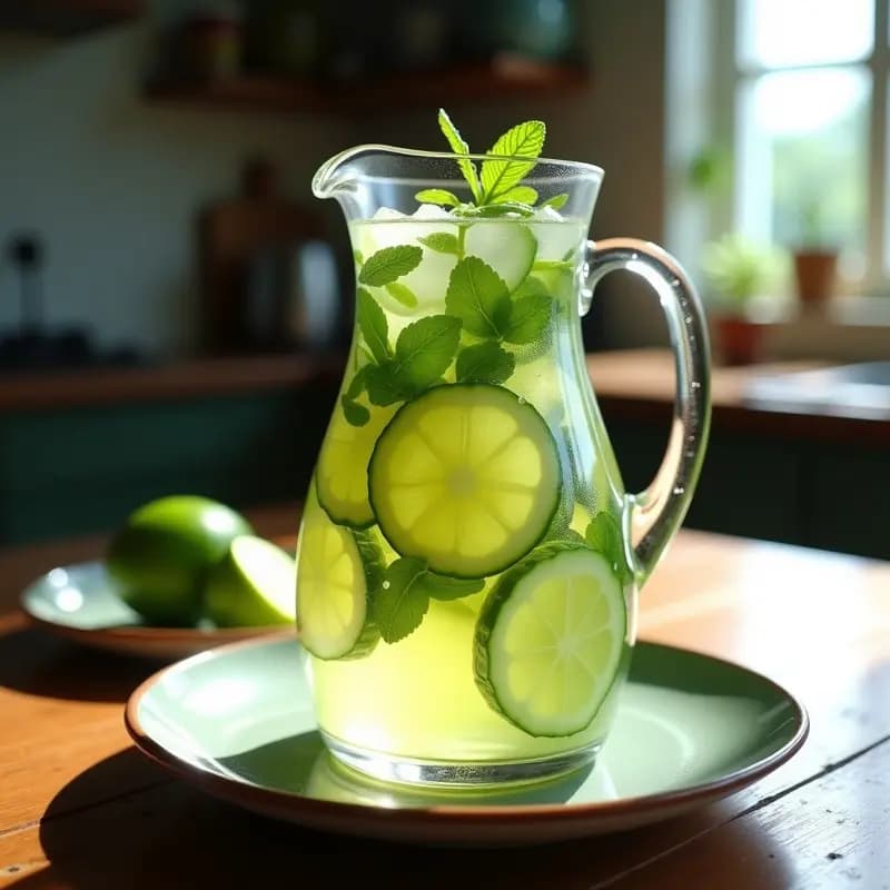 Jarro de vidrio transparente con agua fresca de pepino y lima con mentas, decorado con rodajas de lima y hojas de menta fresca, sobre una mesa rústica de madera con fondo borroso de cocina colombiana.