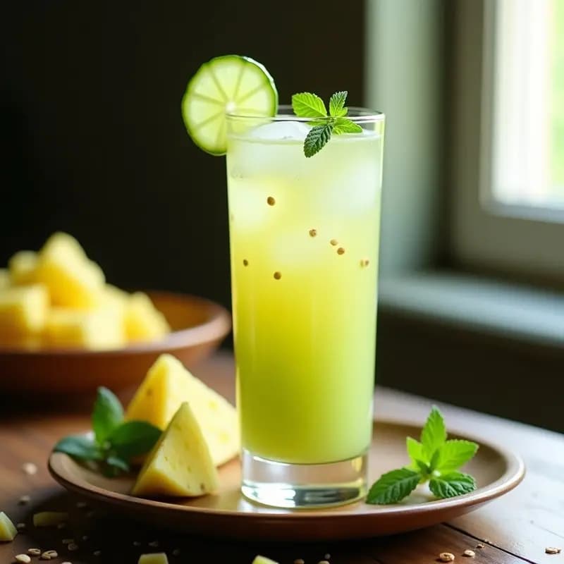 Jarra de vidrio transparente con agua fresca de pepino y piña con linaza, decorada con rodajas de pepino, trozos de piña y hojas de menta, sobre una mesa de madera rústica con fondos borrosos de ingredientes frescos.