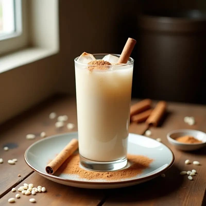 Vaso alto transparente con agua de horchata fría, color blanco cremoso, espolvoreada con canela en polvo y maca andina, servida con hielo y una rama de canela como decoración, fondo rústico de madera con ingredientes como arroz, canela y polvo de maca alrededor.