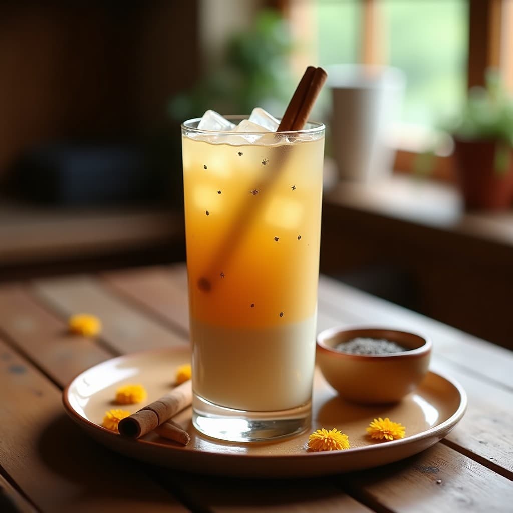 Vaso alto transparente con agua de horchata vegana de color dorado, semillas de chía suspendidas, decorado con una rama de canela y hielo, sobre un fondo de madera rústica con flores de cempasúchil al lado.