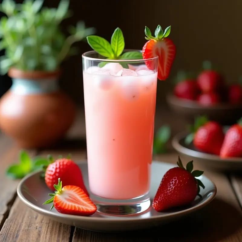 Vaso alto transparente con agua de horchata rosada, decorada con rodajas de fresas y hojas de albahaca, servida con hielo y una paja de papel. Fondo borroso con ingredientes naturales como arroz, fresas y canela.
