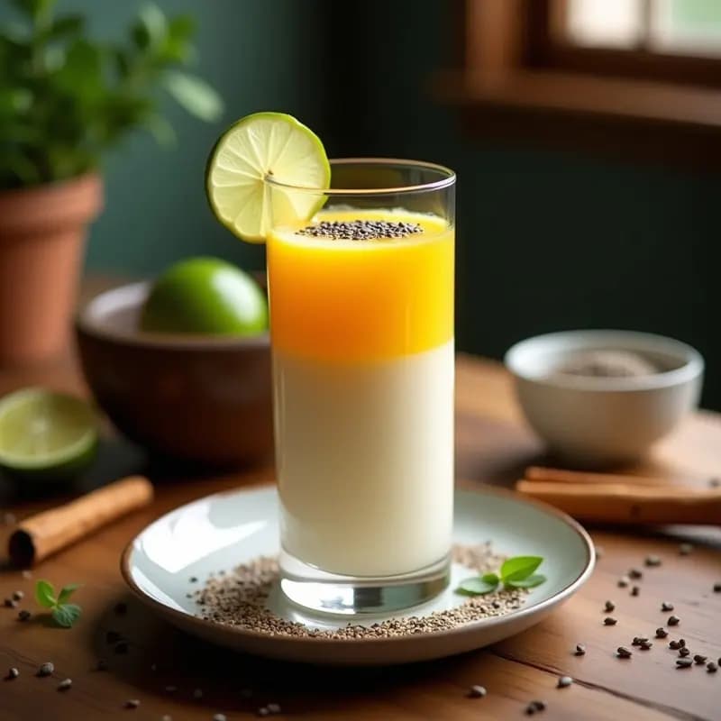 Vaso alto de cristal con agua de horchata cremosa y leche de tigre amarilla, decorado con semillas de chía y una rodaja de limón, servido sobre una mesa de madera con ingredientes al fondo.