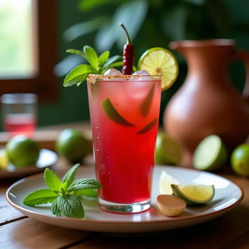 Vaso alto transparente con agua de Jamaica y jengibre detox, de color rojo intenso, decorado con hielo, rodaja de limón verde, hoja de hierbabuena y un trozo de jengibre en láminas. Fondo borroso con elementos mexicanos como un mantel de tela tejida.