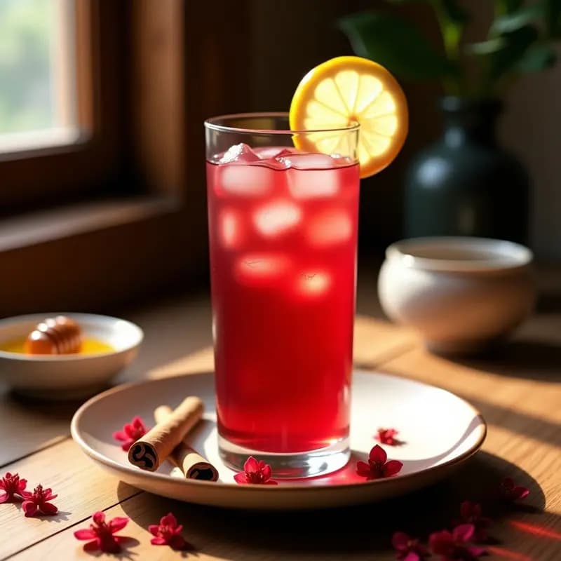 Vaso transparente con agua de jamaica con limón y miel, de color rojo intenso, servida con hielos y una rodaja de limón en el borde. Fondo rústico con flores de jamaica secas y una cuchara de miel al lado.
