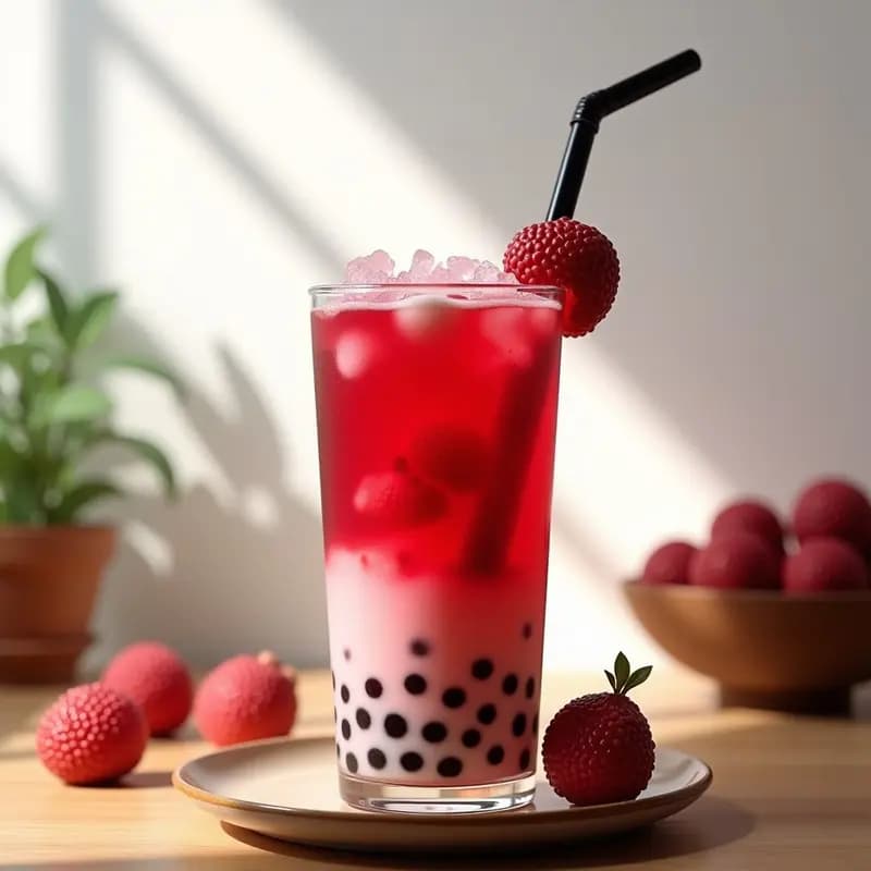Bebida de Agua de Jamaica con Perlas de Tapioca y Lichi: Refresco burbujante estilo Bubble Tea