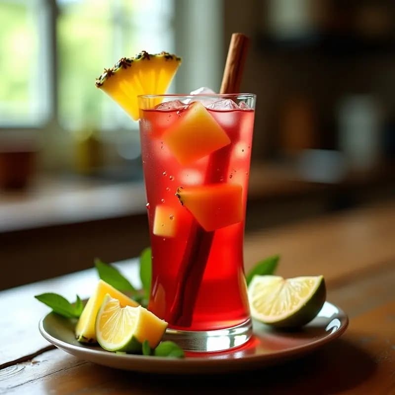 Vaso alto transparente con agua de Jamaica de color rojo intenso, trozos de piña fresca y rodajas de limón verde flotando, servido con hielo y decorado con una rama de canela. Bebida mexicana natural y diurética en un fondo rústico de madera.