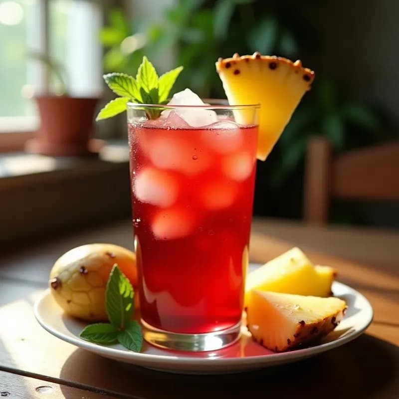 Vaso alto transparente con agua de Jamaica de color rojo intenso, trozos de piña fresca flotando, hielo cristalino y decoración de hojas de menta. Fresco refresco detox mexicano de verano con efecto brillo en la superficie.