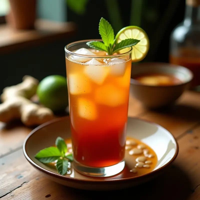 Vaso alto de cristal con agua de tamarindo y jengibre, de color ámbar oscuro, servida con hielo y decorada con una ramita de hierbabuena fresca y una rodaja de limón verde sobre una mesa de madera rústica. Al fondo, ingredientes como tamarindo, jengibre y limones.