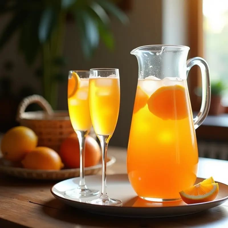 Jarra de vidrio transparente llena de Agua de Valencia con zumo natural, burbujas visibles, rodajas de naranja y limón flotando, servida en copas altas con hielo, sobre una mesa de brunch festivo con luz natural.