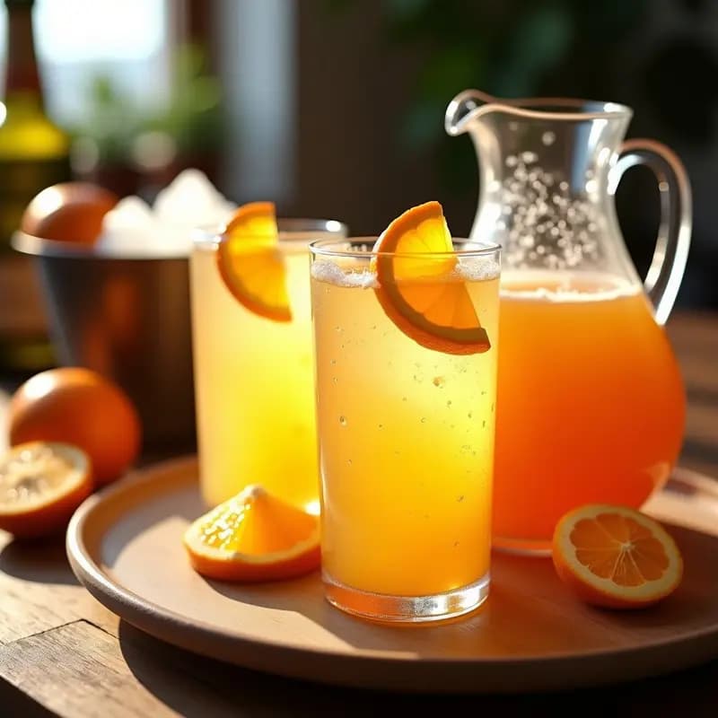 Copas de cóctel llenas de Agua de Valencia con zumo natural, burbujeantes y decoradas con rodajas de naranja, sobre una mesa rústica con hielo y botellas de cava al fondo.