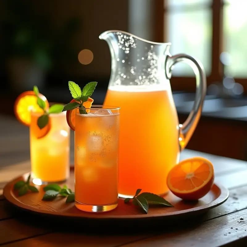 Jarra de cristal transparente llena de Agua de Valencia con zumos naturales, decorada con rodajas de naranja y hojas de menta, rodeada de copas servidas con hielo y burbujas de cava.