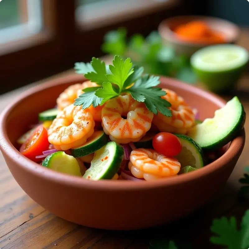 Plato de aguachile de camarón con cucurbitáceas y chili lime: camarones rosados marinados en lima, pepino y calabacita en juliana, aguacate en cubos, cebolla morada y cilantro, servidos sobre hojas de lechuga romana con toque de ralladura de lima.