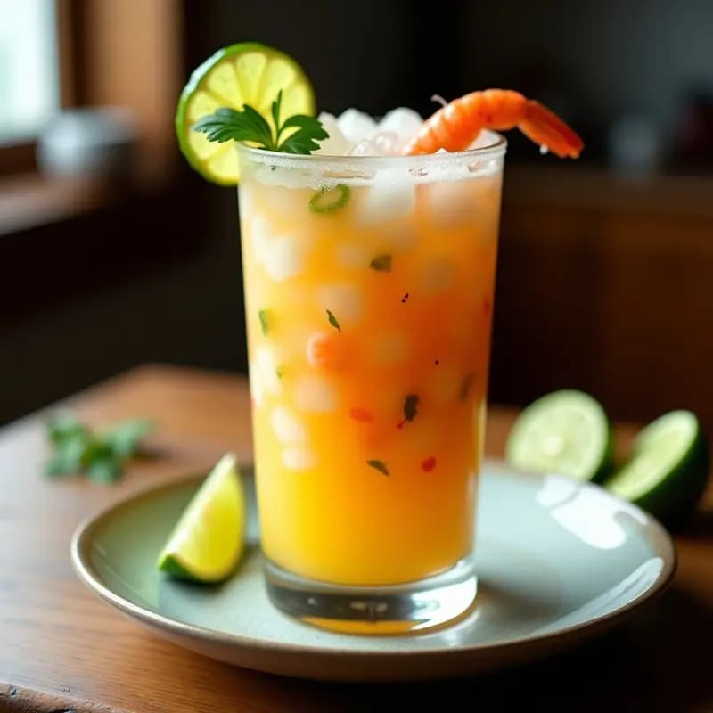 Vaso alto transparente con aguachile de camarón con mango, bebida mexicana fresca de color crema con vetas verdes, servida con hielo picado y decorada con rodaja de limón y hoja de cilantro, fondo de madera rústica.