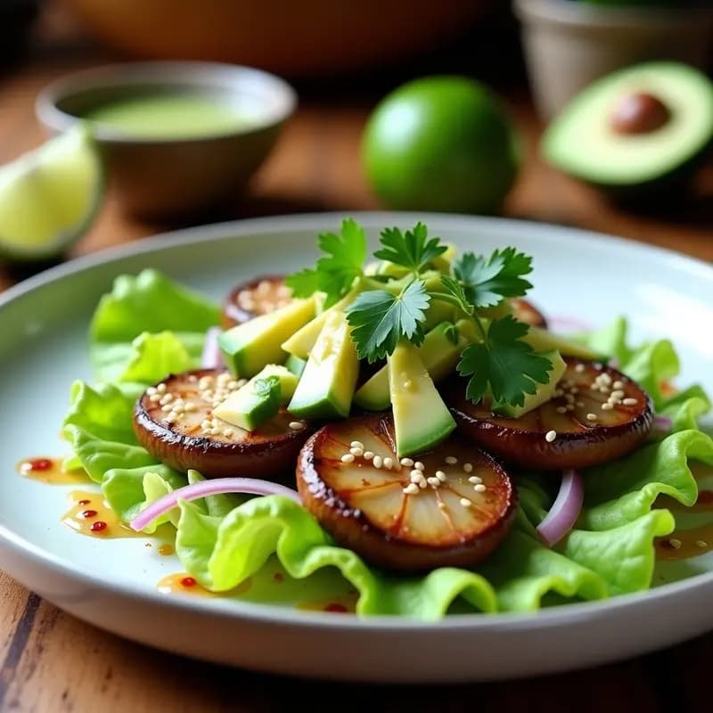Plato de aguachile vegano de champiñones portobello y lima, con láminas de portobello marinadas en zumo de lima, cebolla morada, pepino y chile serrano, servido sobre tostadas de maíz azul con semillas de sésamo y cilantro fresco.