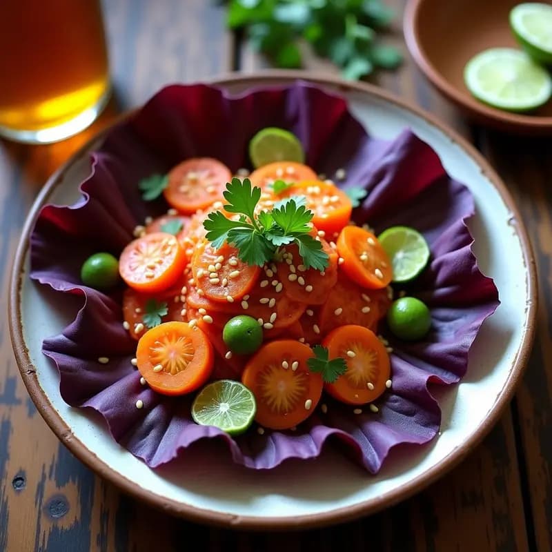 Aguachile vegano de zanahoria y jitomate servido en copa de cristal, con zanahorias en juliana, jitomate verde en cubos, cebolla morada, cilantro fresco y semillas de sésamo espolvoreadas, bañado en una salsa cremosa de limón y cacahuete.