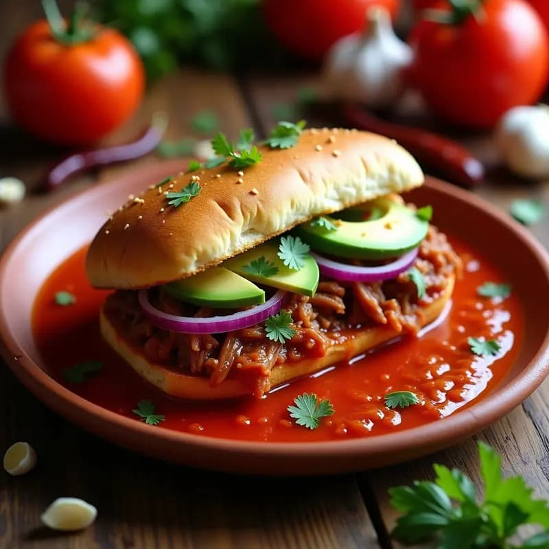 Sandwich mexicano Ahogada Tlaquepaqueña con carne de cerdo desmenuzada en salsa de jitomate asado y chiles, servido en pan bolillo tostado con queso derretido y cilantro fresco, bañado en salsa espesa.