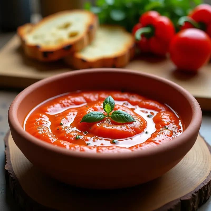 Recipiente de barro rústico lleno de ajar blanko búlgaro, salsa cremosa de pimientos rojos asados sin tomate, con un chorrito de aceite de oliva virgen extra en la superficie y hierbas frescas espolvoreadas. Al fondo, pimientos asados y pan tostado para mojar.