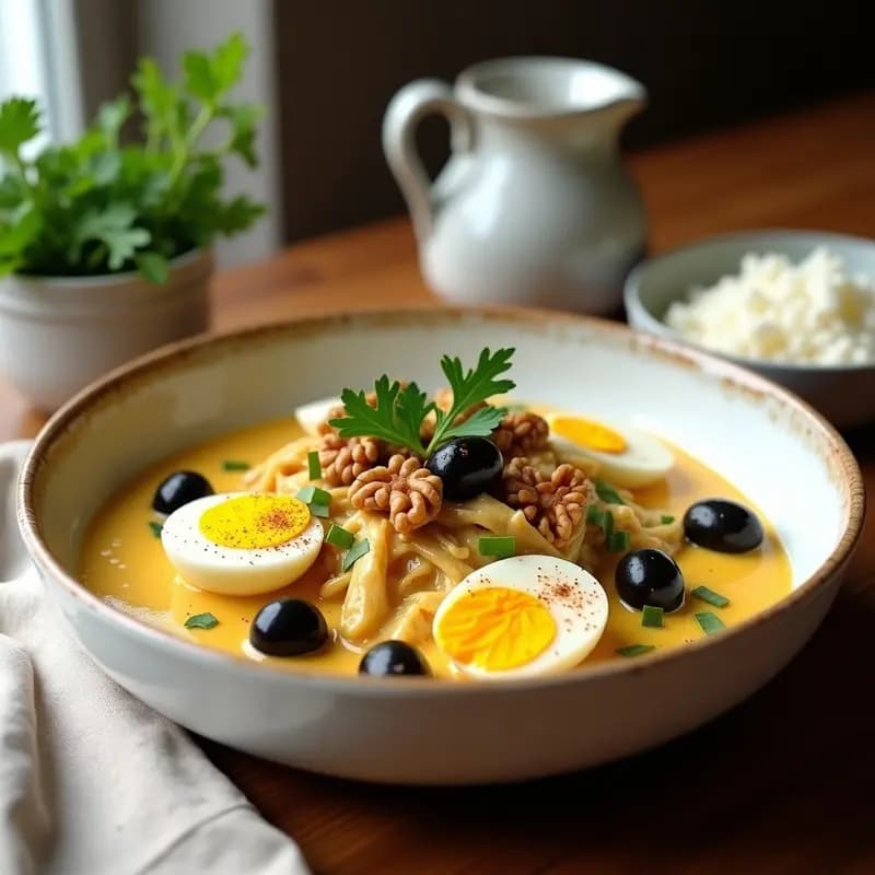 Plato hondo de cerámica blanca con Ají de Gallina con Arequipe y Aceitunas, mostrando el pollo desmenuzado en salsa cremosa amarilla, decorado con aceitunas botija, rodajas de huevo duro y perejil fresco. Fondo rústico con servilleta de lino.