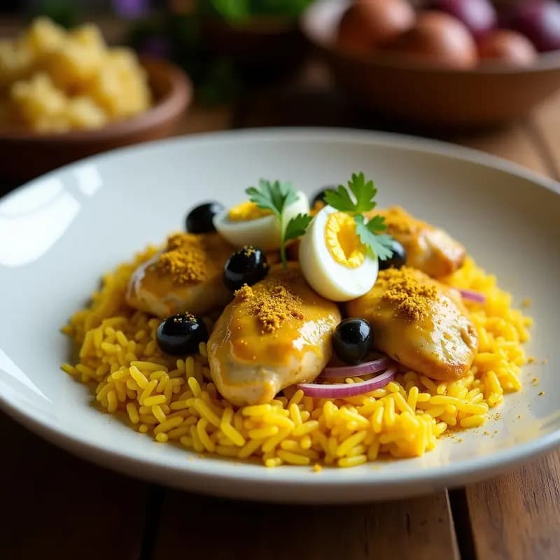 Plato hondo de cerámica blanca con Ají de Gallina Peruano: trozos de pollo jugoso bañados en salsa cremosa de ají amarillo, servido sobre arroz amarillo vibrante, decorado con huevo duro en rodajas, aceitunas negras y cilantro fresco.