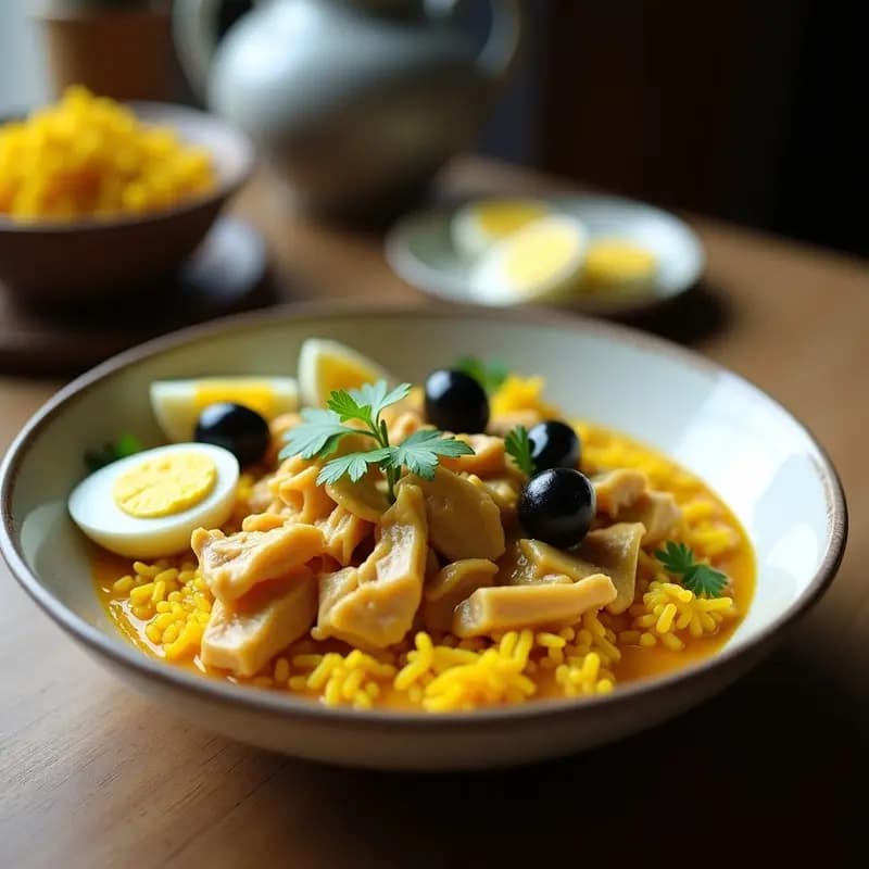 Plato hondo de cerámica con Ají de Gallina con Arroz Amarillo, cremoso y vibrante, decorado con cilantro fresco, nueces picadas y rodajas de limón. Receta peruana en olla exprés.