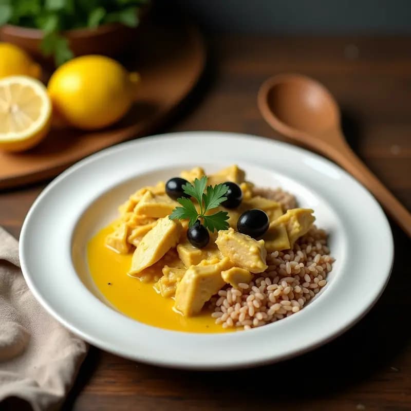 Plato hondo de cerámica blanca con Ají de Gallina Peruano cremoso, pollo desmenuzado en salsa amarilla, arroz integral suelto y decorado con perejil fresco, aceitunas negras y un chorrito de aceite de oliva. Fondo de cocina rústica con ingredientes como ají amarillo y limón.