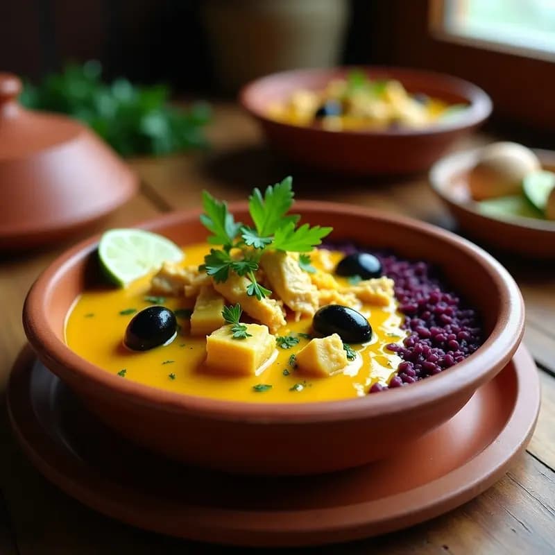 Plato hondo de barro con Aji de Gallina Peruano y Arroz Morado, salsa cremosa de color amarillo intenso sobre arroz violeta oscuro, decorado con huevo duro picado, aceitunas negras y perejil fresco. Receta en olla express sin lactosa.