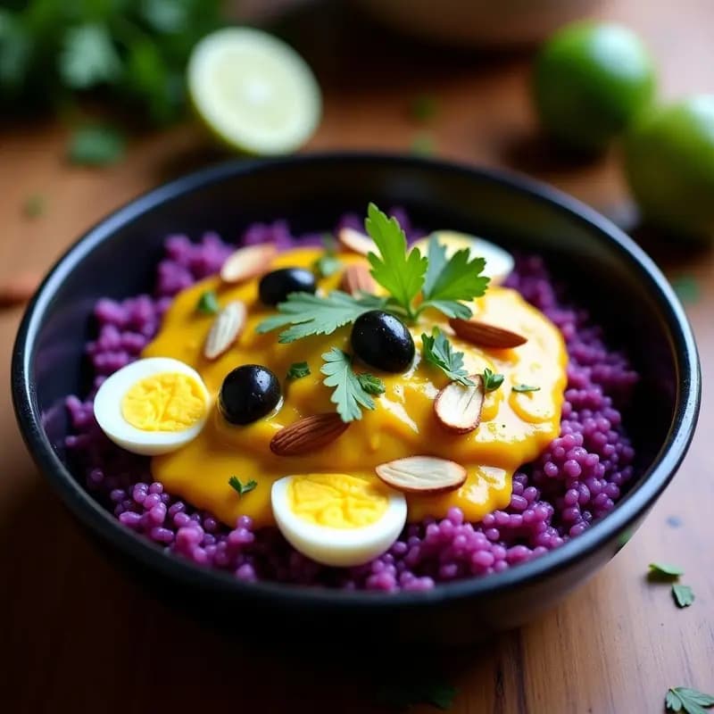 Plato hondo de cerámica negra con Aji de Gallina cremoso sobre arroz morado vibrante, decorado con huevo duro, aceitunas, almendras tostadas, cilantro fresco y limón confitado. Receta peruana tradicional con toques modernos y colores intensos.