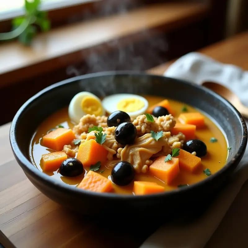 Plato hondo de cerámica blanca con Aji de Gallina con batata y Aceitunas Kalamata, salsa cremosa amarilla, trozos de pollo desmenuzado, cubos de batata dorados y aceitunas negras brillantes, decorado con hierbabuena fresca y nueces picadas.
