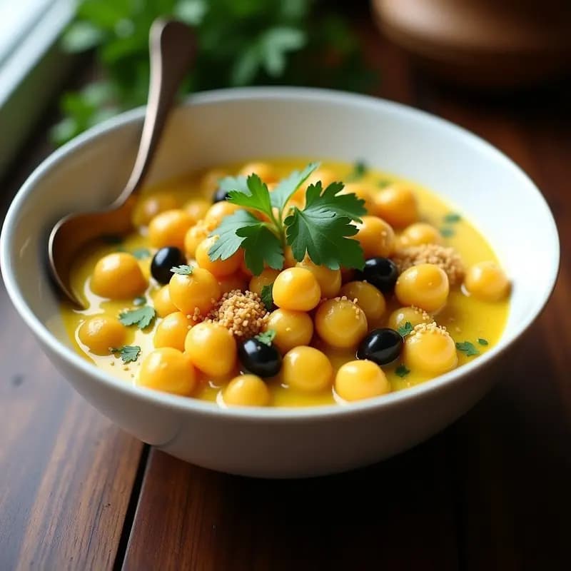 Plato hondo de cerámica blanca con Aji de Gallina Peruana con Garbanzos vegano, salsa cremosa de ají amarillo y leche de coco, decorado con cilantro fresco, aceitunas negras y rodajas de papa amarilla. Fondo rústico con textura de madera oscura.