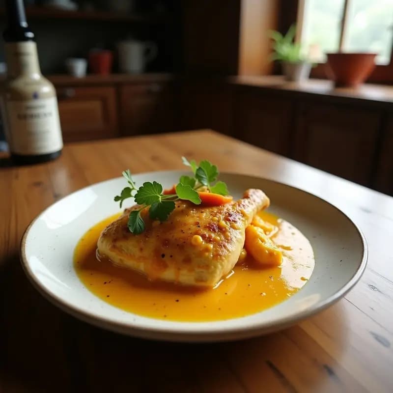 Plato hondo de cerámica blanca con ají de gallina vegana cremoso de lentejas en salsa de ají amarillo, servido sobre arroz blanco y decorado con hojas de huacatay y nueces tostadas picadas.