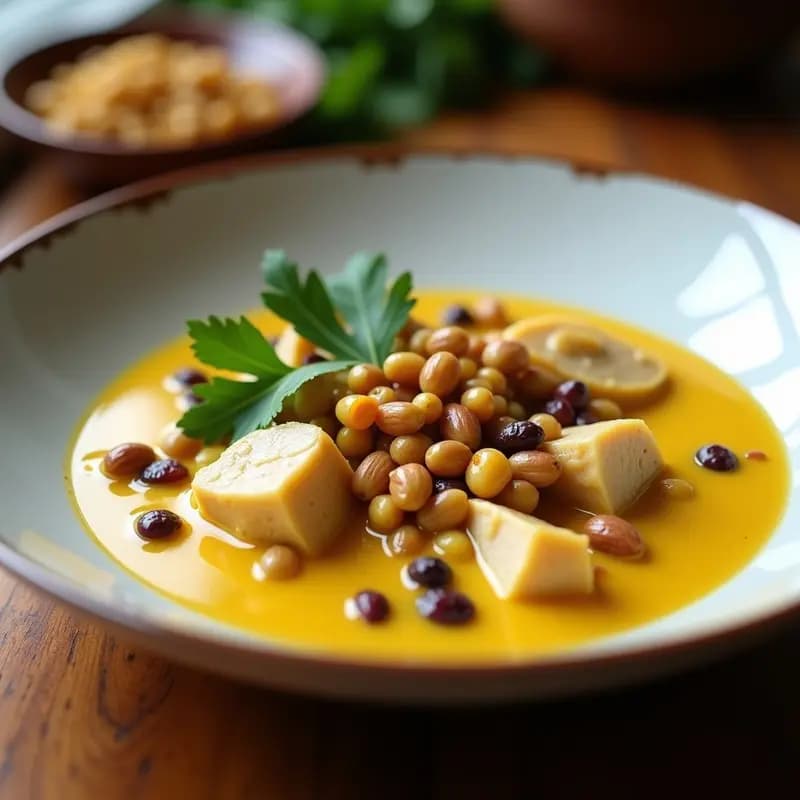 Plato hondo de cerámica blanca con Ají de Gallina Peruano cremoso, cubierto de nueces de Brasil tostadas y trituradas, decorado con cilantro fresco y granos de maíz morado. Fondo rústico con textura de madera y luz natural suave.