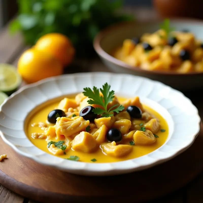 Plato hondo blanco con Aji de Gallina con Palmito light, cremoso y dorado, acompañado de rodajas de huevo duro, aceitunas negras y trozos de palmito. Decorado con hojas de cilantro y gajos de limón sobre un mantel rústico de lino.