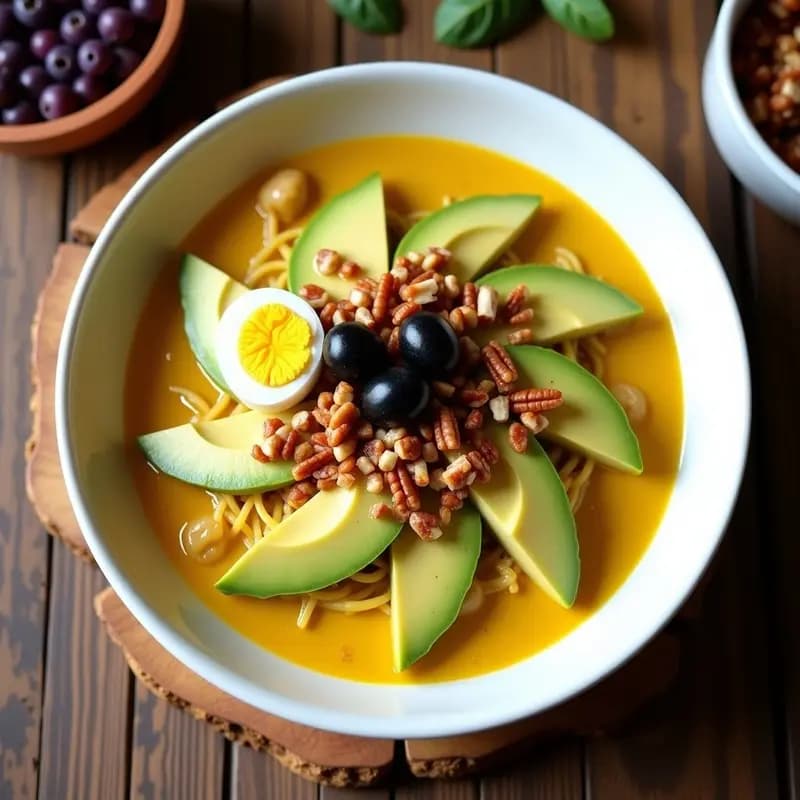 Plato hondo de cerámica blanca con Ají de Gallina con Palta, cremoso y decorado con rodajas de huevo duro, aceitunas negras, nueces pecanas tostadas y hojas de hierbabuena fresca sobre un fondo rústico.