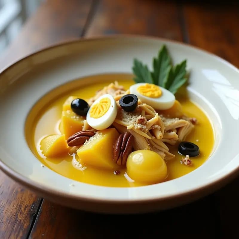 Plato hondo de cerámica blanca con Aji de Gallina con Papas Amarillas: trozos de pollo desmenuzado en salsa cremosa de ají amarillo, servido sobre cubos de papas amarillas, decorado con nueces tostadas, aceitunas negras y rodajas de huevo duro. Fondos borrosos de cocina tradicional peruana.