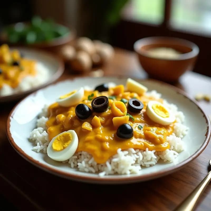 Plato hondo blanco con Ají de Gallina Peruano cremoso sobre arroz blanco esponjoso, decorado con rodajas de huevo duro, aceitunas negras y perejil fresco. La salsa amarilla del ají de gallina brilla con su textura sedosa, y el arroz contrasta con su color blanco impecable.