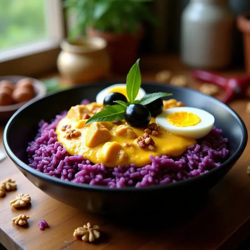 Plato hondo de barro con Ají de Gallina Peruano sobre arroz morado, decorado con queso fresco desmenuzado, nueces picadas y aceitunas negras. La salsa cremosa de color amarillo intenso contrasta con el arroz oscuro, creando una presentación vibrante y tradicional.
