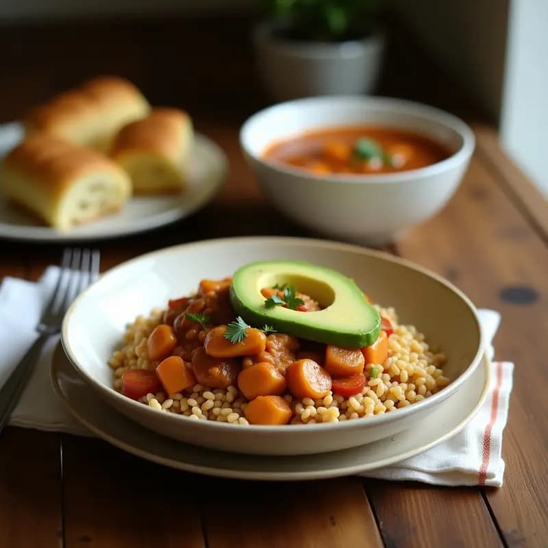 Plato hondo con Ají de Gallina Peruano cremoso, servido sobre arroz integral, acompañado de palta en trozos, aceitunas negras, huevo duro picado y cilantro fresco. Receta en Thermomix baja en grasas.