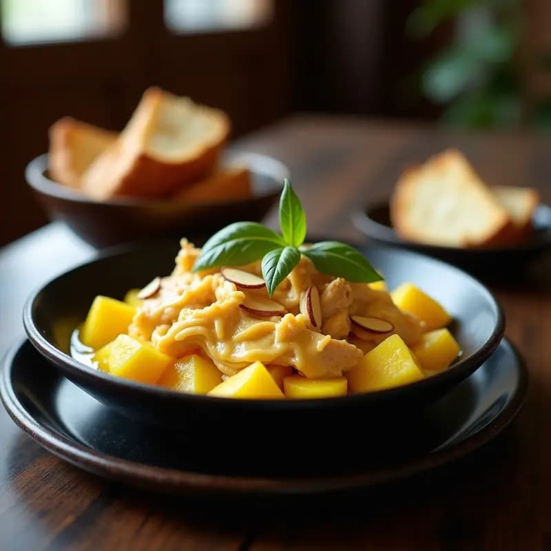 Plato hondo de cerámica negra con Ají de Gallina Peruano: cremosa salsa amarilla de ají y leche de coco cubriendo tiras de pollo, sobre una base de papas amarillas asadas en cubos. Decorado con almendras tostadas doradas y hojas de hierbabuena fresca. Fondo rústico de madera con pan crujiente al lado.