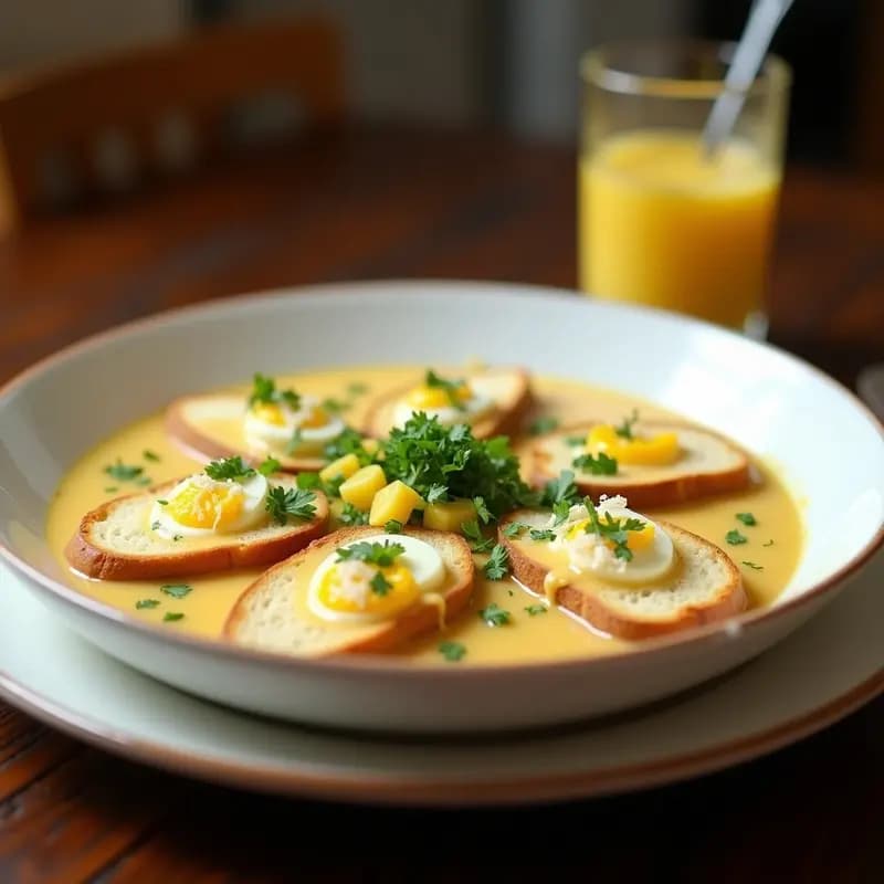 Plato hondo de cerámica blanca con Ají de Gallina Peruano: crema de pollo dorada con leche, servida sobre rebanadas crujientes de pan tostado, decorada con huevo duro picado, perejil fresco y queso parmesano rallado.