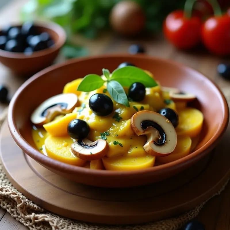 Plato hondo de cerámica blanca con Ají de Gallina Vegana con Champiñones, salsa cremosa de ají amarillo y nueces de Brasil sobre rodajas de papa amarilla, decorado con hojas de huacatay y aceitunas negras.