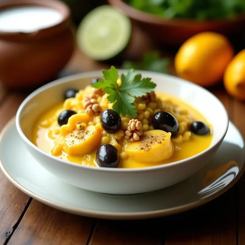 Plato hondo de cerámica blanca con aji de gallina vegano: jackfruit desmenuzado en salsa cremosa amarilla, aceitunas botija negras y maní molido espolvoreado. Acompañado de arroz blanco y decorado con cilantro fresco. Receta peruana vegana alta en proteína.