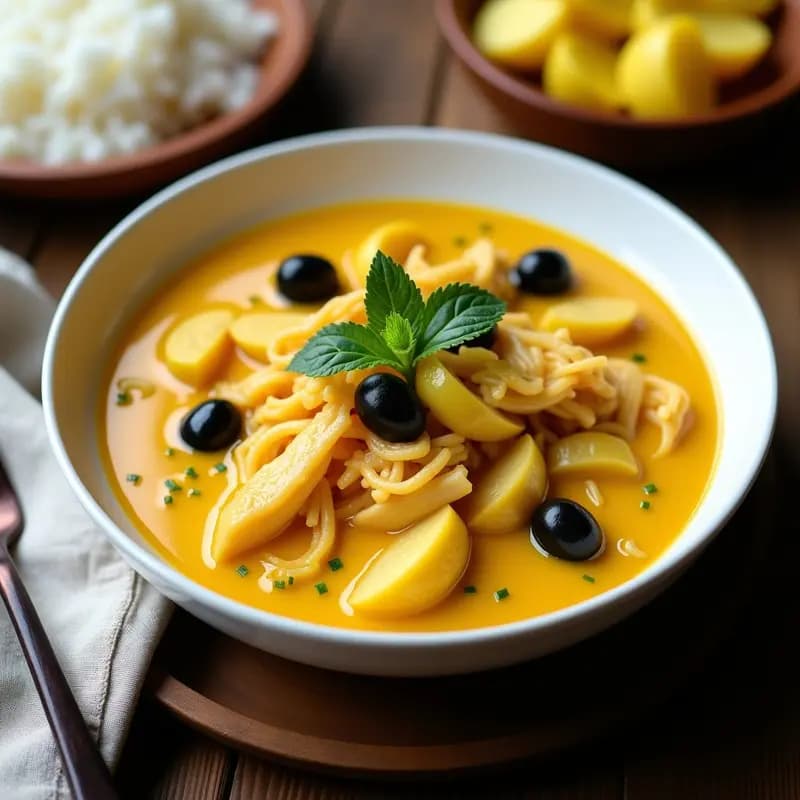 Plato hondo de cerámica negra con Ají de Gallina Peruano con Jackfruit, crema amarilla espesa de ají y leche de coco, trozos de jackfruit desmenuzado, aceitunas negras y hojas de hierbabuena fresca. Acompañado de arroz blanco y decorado con rodajas de ají amarillo.