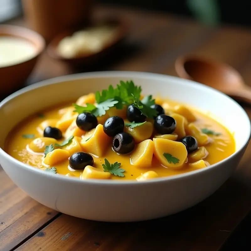 Plato hondo de cerámica blanca con Aji de Gallina Vegano con Seta Portobello, salsa cremosa de color amarillo intenso, láminas de setas portobello y aceitunas negras, decorado con perejil fresco y un toque de ají amarillo en polvo. Fondo rústico con servilleta de lino y cuchara de madera.