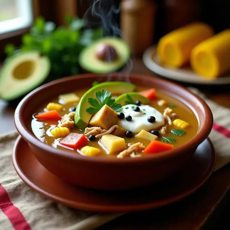 Olla de barro humeante con ajiaco colombiano espeso, tres tipos de papa visibles, trozos de pollo, mazorca y guascas, acompañado de aguacate en rodajas y crema de leche en un plato rústico de madera.