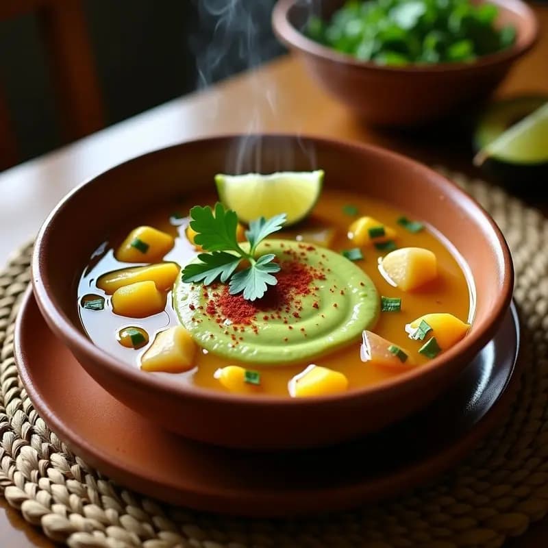 Plato hondo de barro con ajiaco colombiano espeso, tres tipos de papa en cubos, rodajas de mazorca y crema de aguacate verde en el centro, decorado con cilantro fresco y ají en polvo. Receta tradicional de Bogotá.