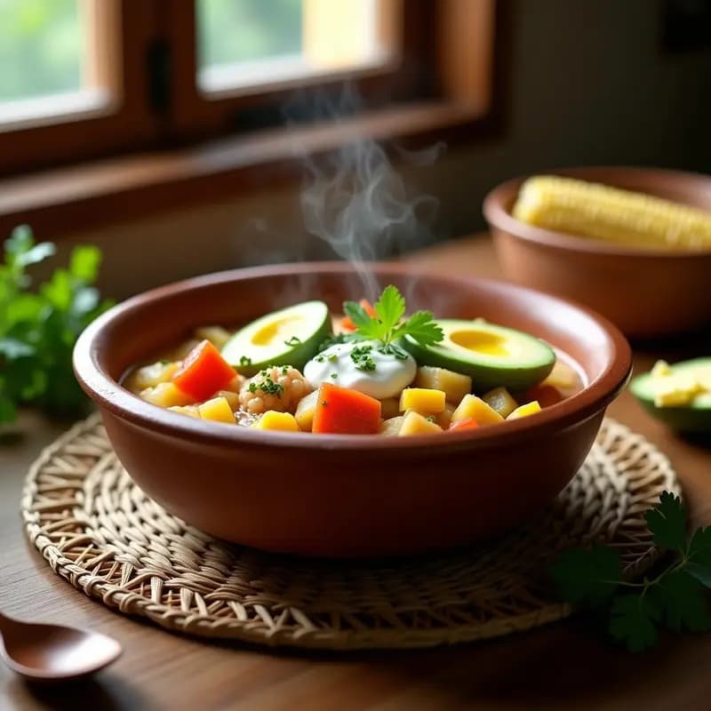 Olla exprés abierta con ajiaco santafereño humeante: sopa espesa con trozos de pollo, mazorca amarilla, tres tipos de papa y guascas frescas. Acompañado de aguacate, crema de leche y capuchina en un plato de barro.