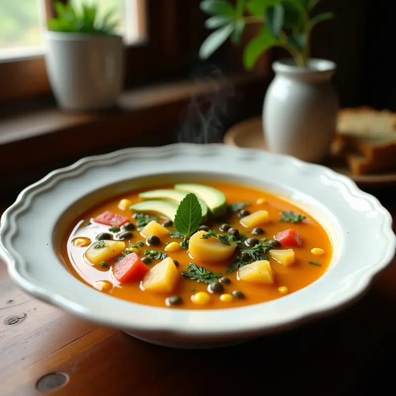 Plato hondo de cerámica blanca con ajiaco santafereño: sopa cremosa con trozos de papa sabanera, pastusa y criolla, mazorca, pollo desmenuzado y guascas. Acompañado de aguacate en cubos, alcaparras y hierbabuena fresca. Foto con luz natural y fondo rústico.