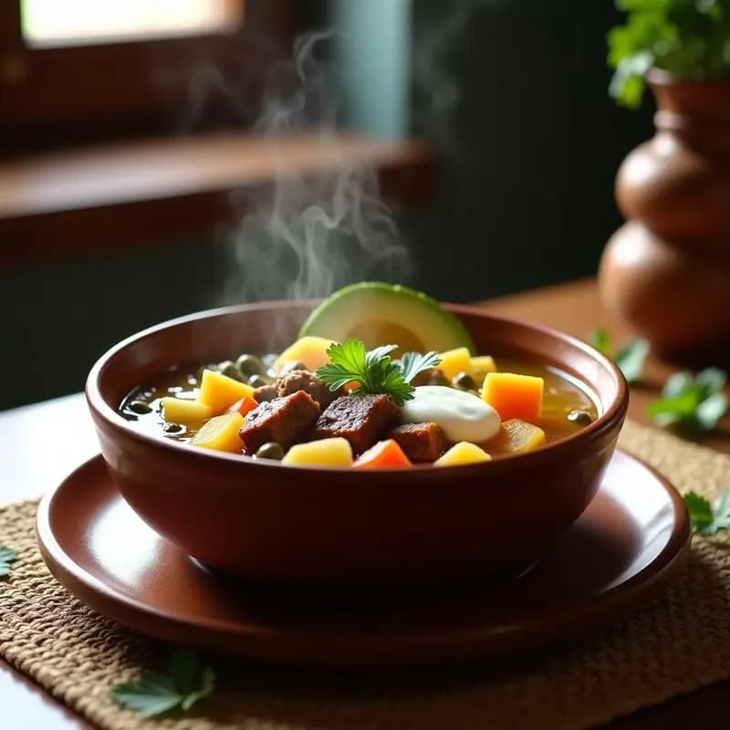 Olla de barro humeante con Ajiaco Santanderiano, sopa colombiana de tres carnes (res, cerdo, pollo) y mazorca, servida en plato hondo con crema de leche, guascas y hierbabuena fresca.